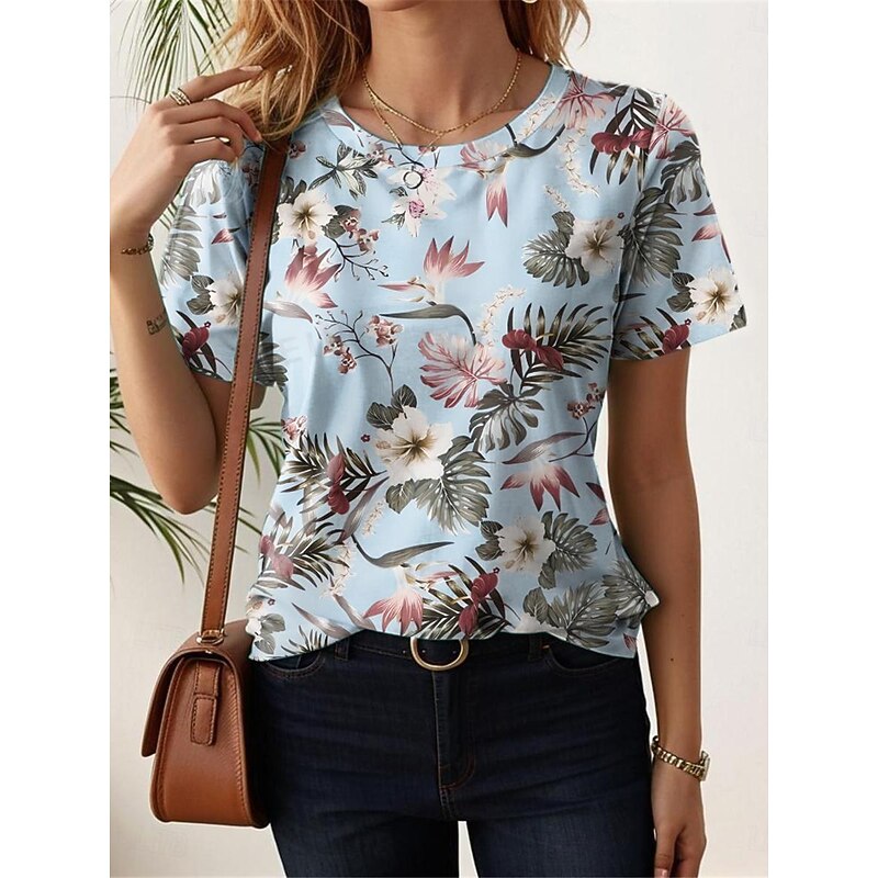 Women's T Shirt Fashion Floral Print Short Sleeve Regular Tops Crew Neck Daily Weekend White Yellow Blue Purple Summer