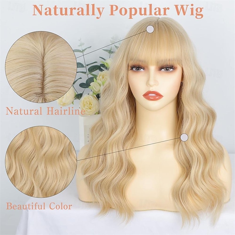 Blonde Wigs for Women Blonde Wig with Bangs Long Wavy Curly Wigs Natural Looking Synthetic Heat Resistant Fiber Wig for Daily Party Use4