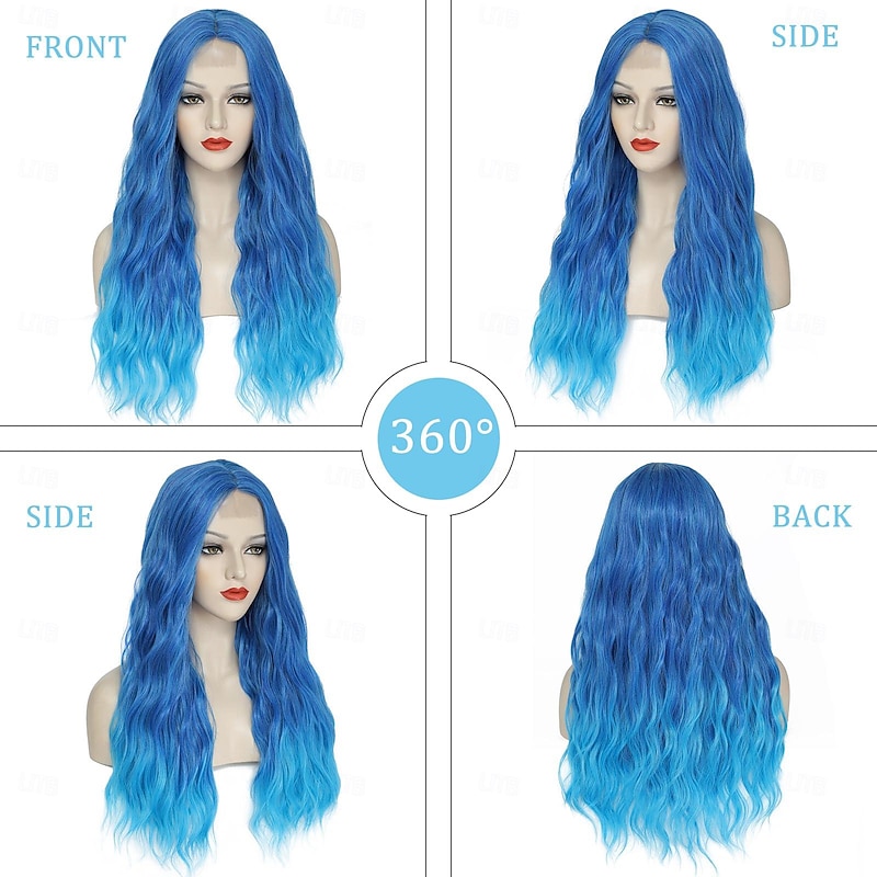 Blue Wig Long Blue Wavy Wigs for Women Middle Part Ombre Blue Wig 26 inch Natural Curly Synthetic Wig Heat Resistant Fiber Wigs for Daily Party Use Halloween Wigs2
