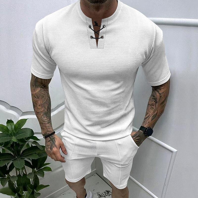 Men's Waffle Tee Waffle Shirt T Shirt T-shirt Suits Short Sleeve Crew Neck Spring & Summer Plain Fashion Designer Basic 2 Piece Vacation Street Going out Black White Royal Blue Top Tee for Men