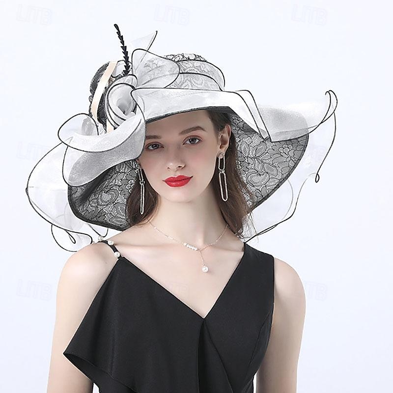 Fascinators Hats Headwear Organza Floppy Hat Straw Hat Sun Hat Holiday Tea Party Beach Horse Race Cocktail Elegant Vintage With Feather Lace Headpiece Headwear3