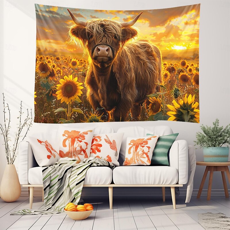Beach Yak Sunflowers Hanging Tapestry Wall Art Large Tapestry Mural Decor Photograph Backdrop Blanket Curtain Home Bedroom Living Room Decoration3