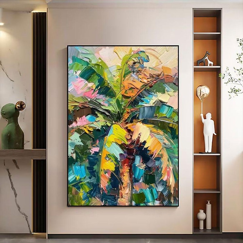 Handmade Oil Painting Canvas Wall Art Decoration Abstract Thick Oil Knife Painting Colorful Large Banana Leaf Plant for Home Decor Rolled Frameless Unstretched Painting