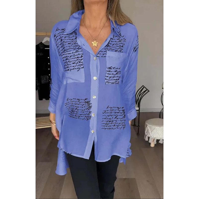 Women's Shirt Blouse Fashion Letter Buttons Pocket Print Long Sleeve Long Tops Shirt Collar Casual Black White Yellow Pink Blue Spring &  Fall2