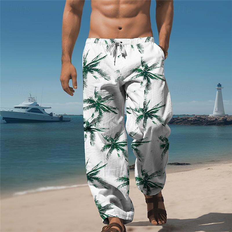 Palm Tree Vacation 3D Print Hawaiian Men's Side Pockets 3D Print Elastic Drawstring Design Pants Trousers Straight-Leg Trousers Outdoor Hawaiian Holiday Polyester Navy Blue Brown Green S M L Medium3
