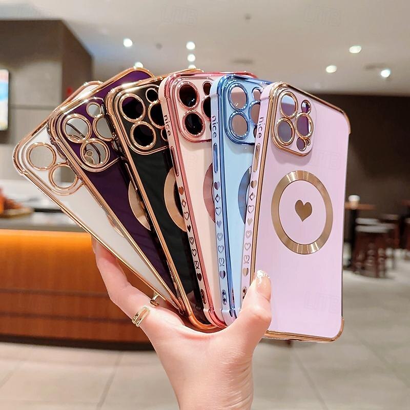 Phone Case For iPhone 17 Pro Max 17 Air 16 15 14 Pro Max Plus 13 12 11 Pro Max Back Cover Support Wireless Charging Shockproof Heart TPU Plating