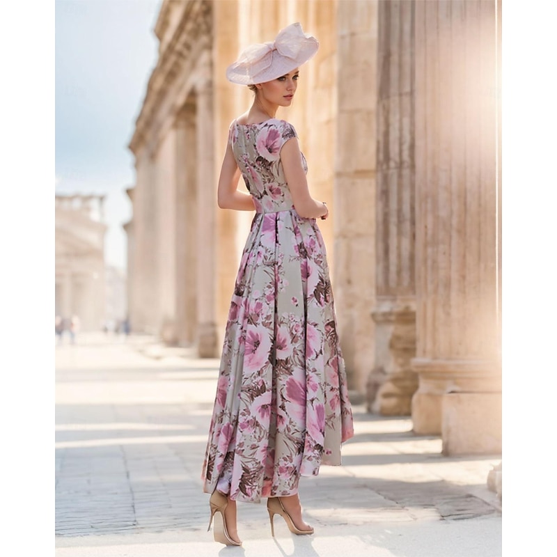 A-Line Mother of the Bride Dress Wedding Guest Elegant Vintage V Neck Ankle Length Satin  Short Sleeve with Bow(s) Flower Wedding Guest Dress2