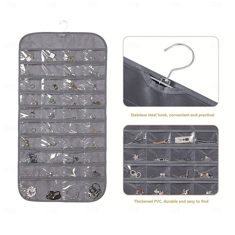 Hanging Jewelry Organizer Bag with 80 Pockets - Double-Sided Rotating Hook for Necklaces, Earrings, Dust-Proof Wall-Mounted Display Pouch for Accessories4