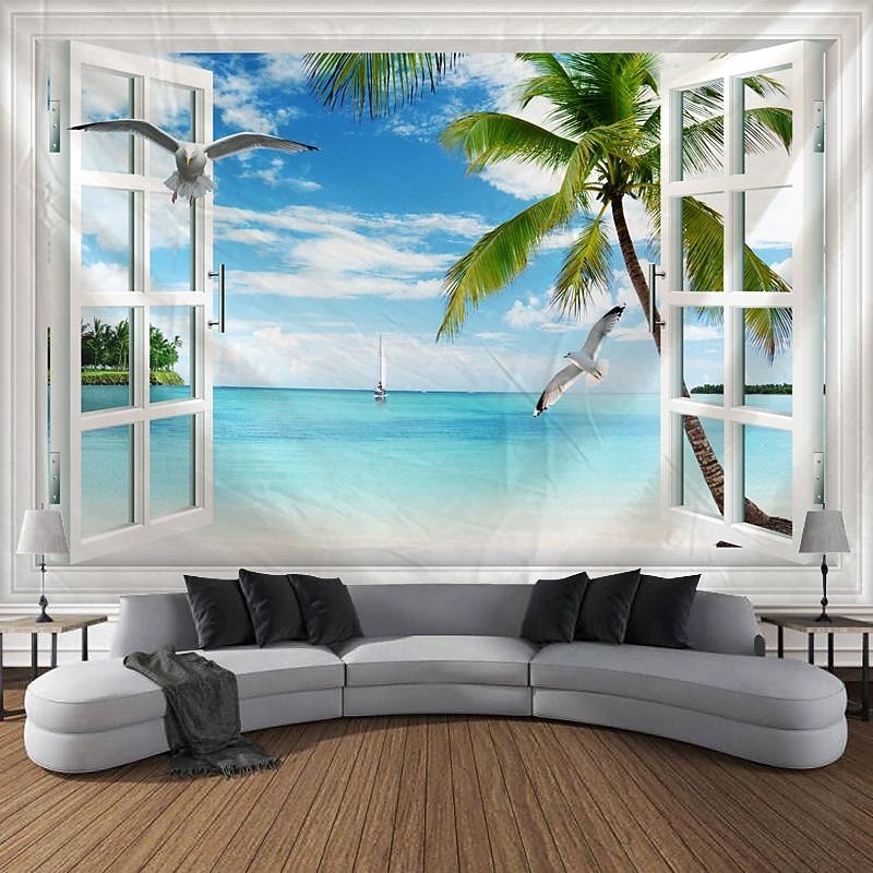 Window Beach View Hanging Tapestry Wall Art Large Tapestry Mural Decor Photograph Backdrop Blanket Curtain Home Bedroom Living Room Decoration3