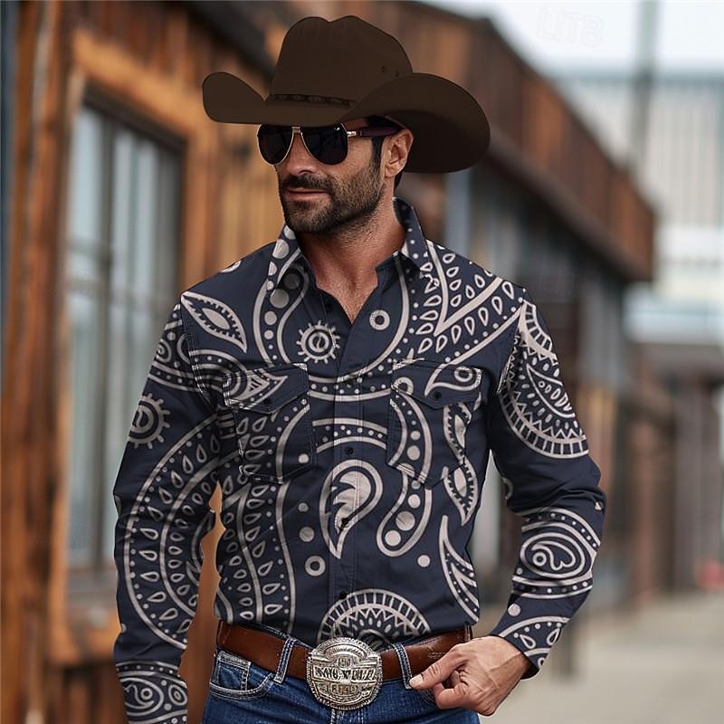 Men's Paisley Western Shirt Cowboy Shirt Long Sleeve Vintage Western Style Tribal Outdoor Vacation Horse Race Spring & Summer Turndown Print Button-Down Dark Red Black Yellow Navy Blue Royal Blue
