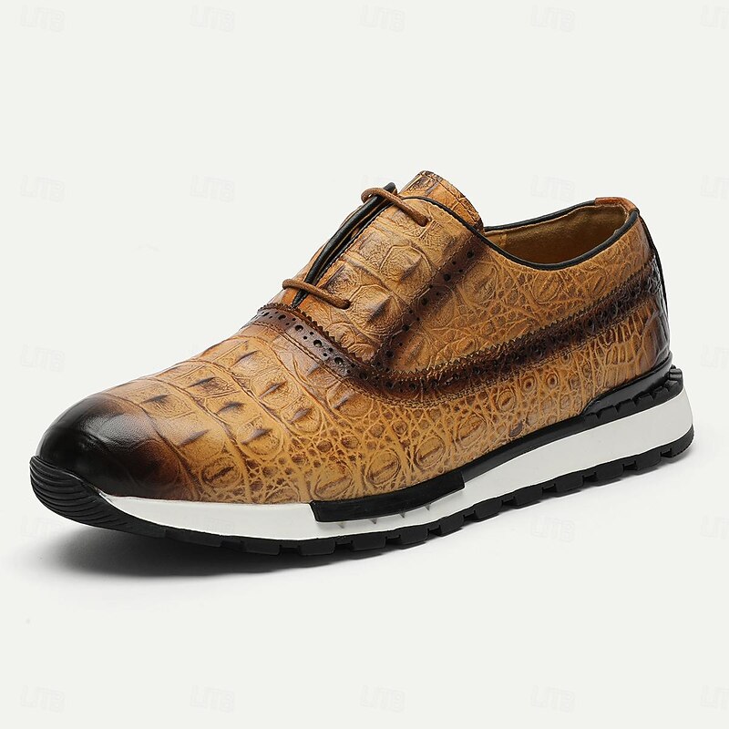 Men's Sneakers Dress Sneakers Leather Italian Full-Grain Cowhide Slip Resistant Lace-up Almond Brown Green3
