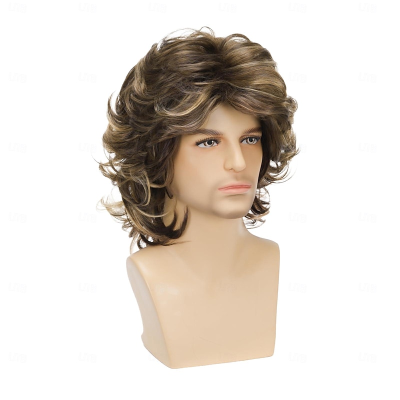 Mens Wigs 80s Brown Mix Blonde Fluffy Wavy Layered Wig Cosplay Rocker Party Halloween Costume Synthetic Hair4
