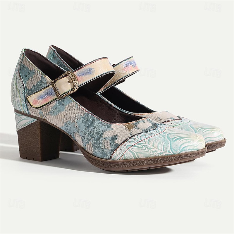 Women's Heels Pumps Handmade Shoes Vintage Gatsby Shoes Wedding Party Color Block Cone Heel Round Toe Elegant Vintage Gatsby Leather Buckle Light Blue4
