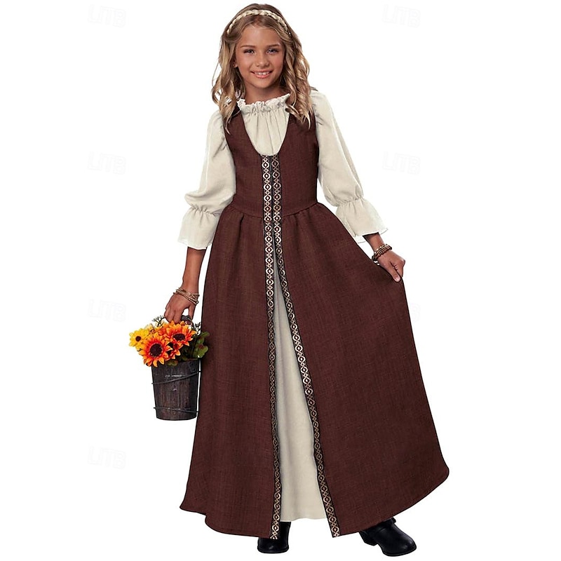 Retro Vintage Medieval Renaissance Maxi Dress Viking Irish Cottagecore Color Block Fancy Dress Girls' Celtic Halloween Carnival Halloween LARP Ren Faire Kid's Dress3