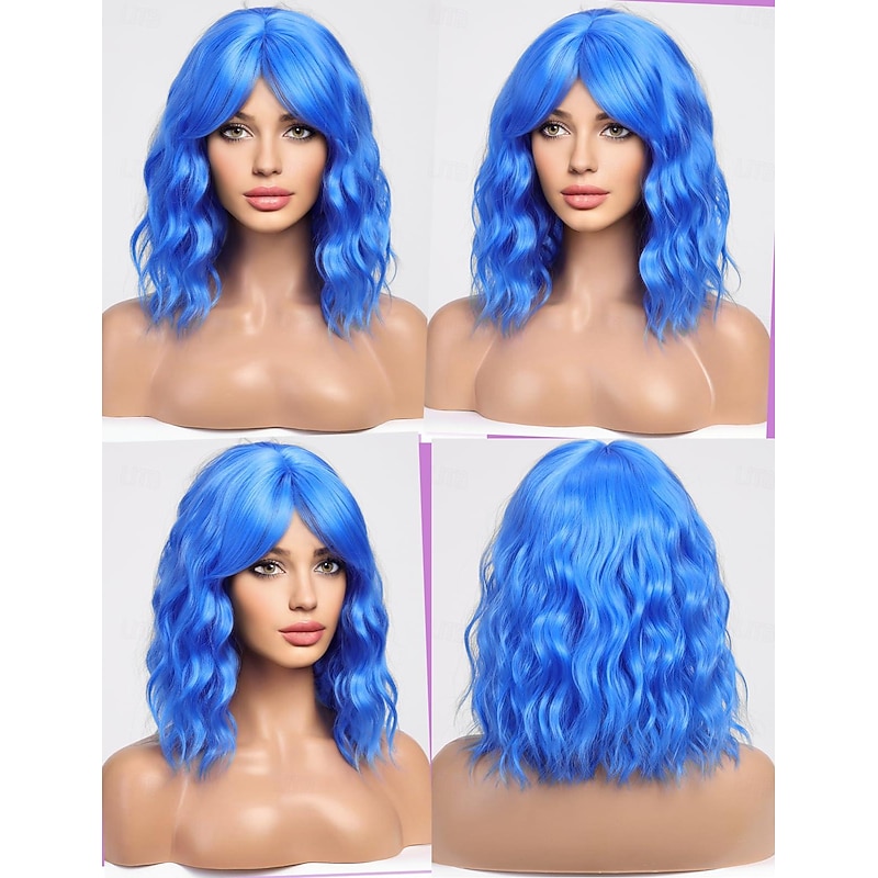 Blue Bob Wavy Wigs for Women Synthetic Hair Wig with Bangs Carnival Costume Wigs Daily Wear Fashionable Blue Wigs Perfect for Parties3