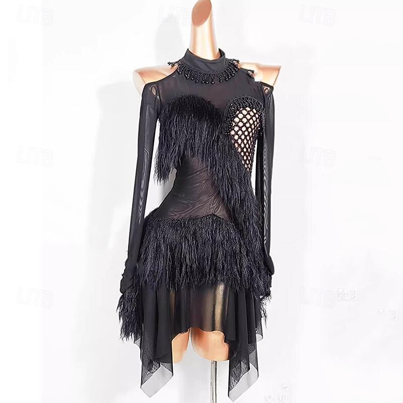 Latin Dance Dress Tassel Pure Color Splicing Women's Performance Training Long Sleeve Polyester Mesh