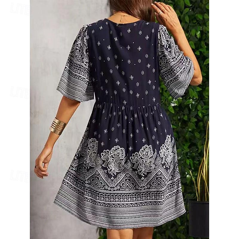 Women's Midi Dress Casual Dress Summer Dress Boho Dress Streetwear Vacation Street Holiday Regular Fit Graphic Short Sleeve V Neck Pink Red Navy Blue Blue Summer4