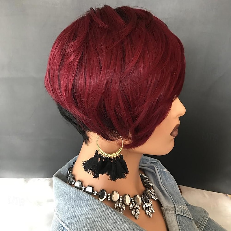 Short Red Human Hair Wigs for Black Women Pixie Cut Wig Human Hair Short Burgundy Pixie Wigs Human Hair with Bangs Ombre Red Short Pixie Human Hair 1B/99J3