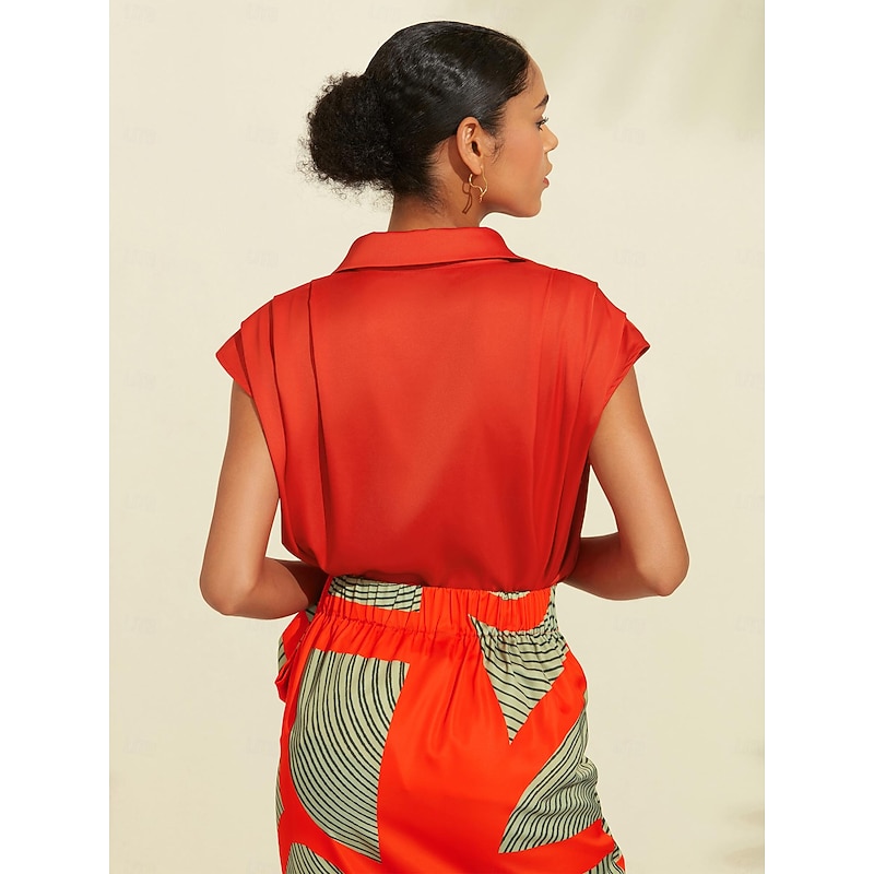 Women's Shirt Red Collared Shirt Collar Sleeveless Loose Solid Plain Casual Daily Summer2