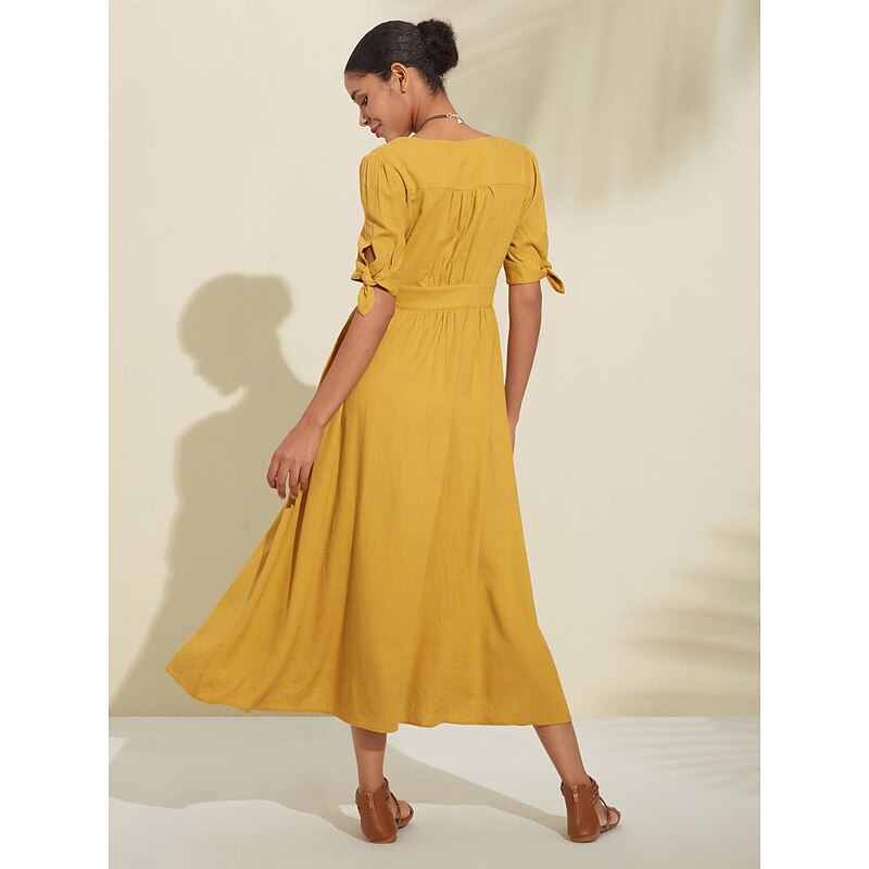 Women's Linen Blend Yellow Bow Detail Midi Tea Dress2