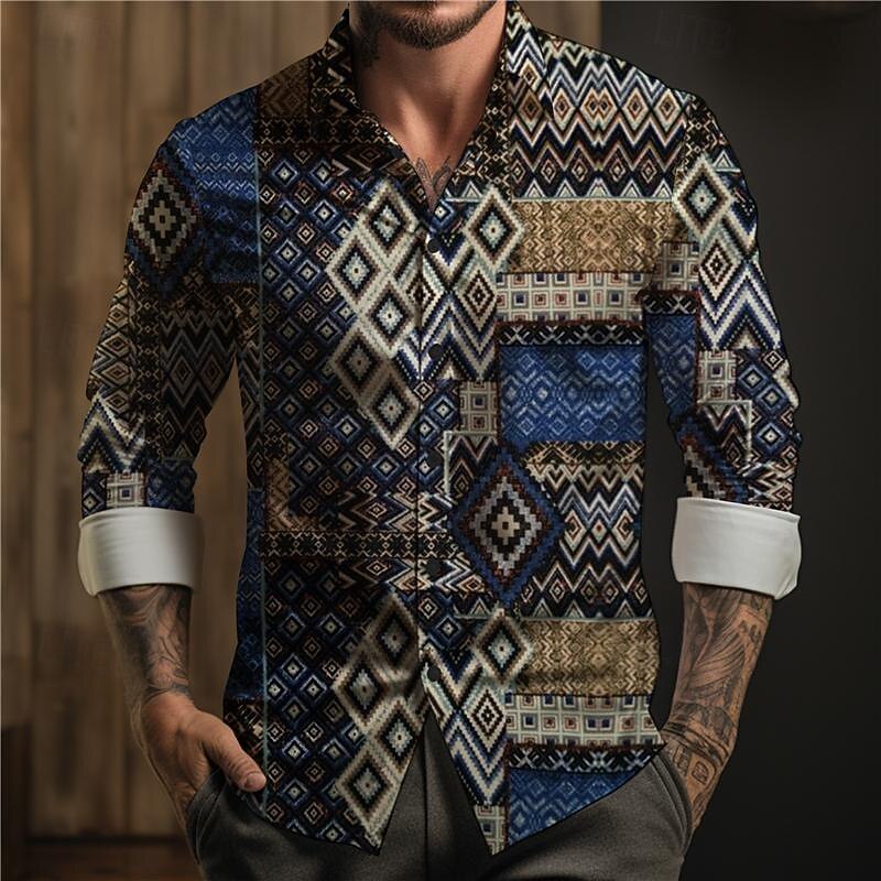 Men's Aztec Geometric Pattern Tribal Button Up Shirt Printed Shirts Long Sleeve Boho Vacation Street Horse Race Spring & Summer Turndown Print Button-Down Pink Red Navy Blue Blue2