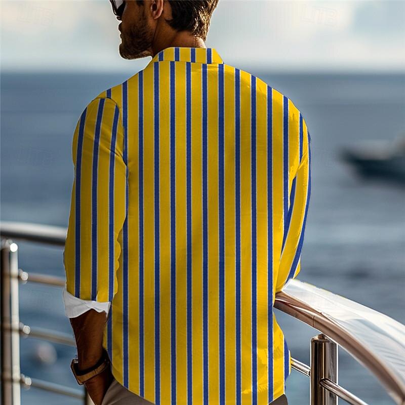Men's Stripe Geometric Pattern Button Up Shirt Printed Shirts Long Sleeve Hawaiian Resort Vacation Street Beach Spring & Summer Turndown Print Button-Down Yellow2