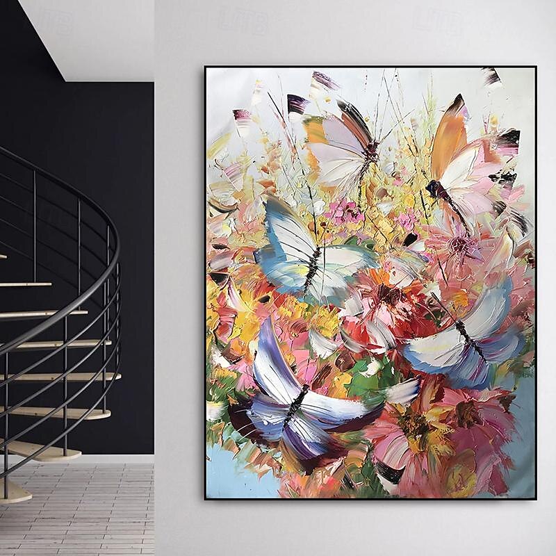 Handmade Oil Painting Canvas Wall Art Decoration Animal Butterfly Dream Daisies Scenery for Home Decor Rolled Frameless Unstretched Painting3