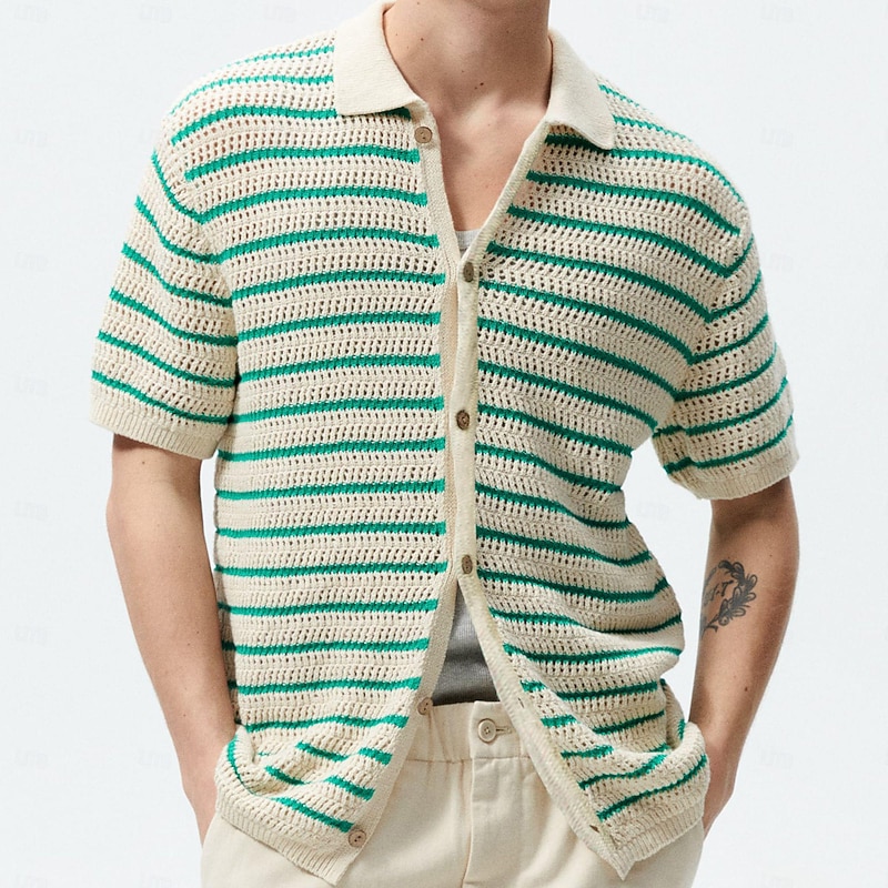 Men's Polo Golf Shirt Street Casual Lapel Short Sleeve Fashion Vertical Stripes Button Front Summer Green Polo