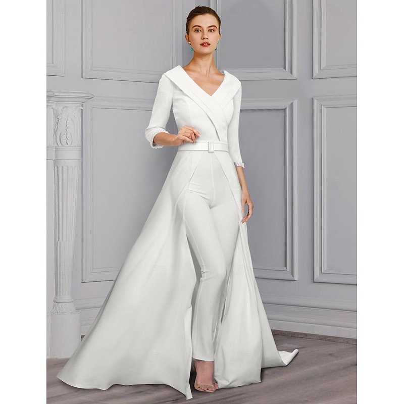 Jumpsuit Mother of the Bride  Tuxedo  Formal Wedding Guest Elegant detachable V Neck Floor Length Satin 3/4 Length Sleeve with Pearls4