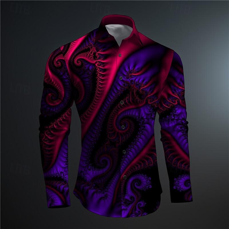 Men's Button Up Shirt Printed Shirts Long Sleeve Subcultural Vacation Party Street Spring & Summer Turndown Print Button-Down Black Red Blue Purple Fuchsia2