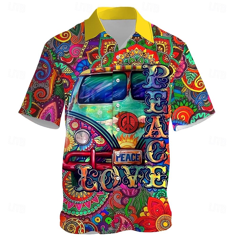 Men's Hippie Bus Shirt Summer Hawaiian Shirt Aloha Shirt Short Sleeve Shirt Turndown Vacation Hawaiian Outdoor Vacation Hawaiian Yellow Blue Fuchsia S M L
