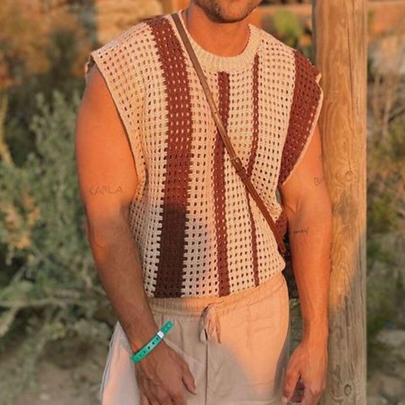 Male Sweater Tank Vest Tee Top Sleeveless Jewel Neck Summer Vertical Stripes Knitting Brown Top Tee for Men2