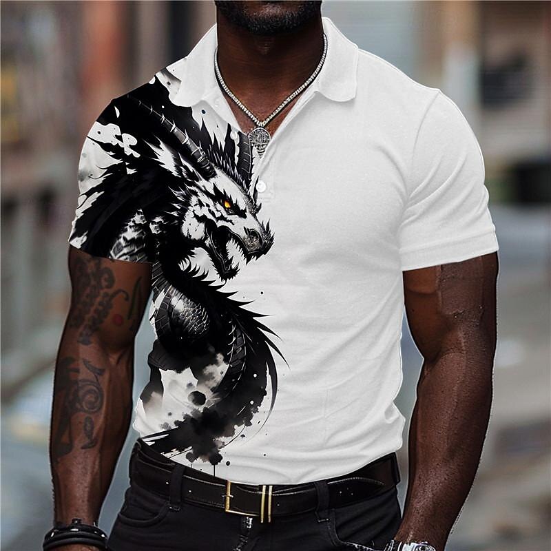 Men's Dragon Polo Shirts Golf Shirt Short Sleeve Polo Shirts Collared Shirts Casual Funny Vacation Wear Party Outfits Buttons 3D Print Summer Black Yellow Gray