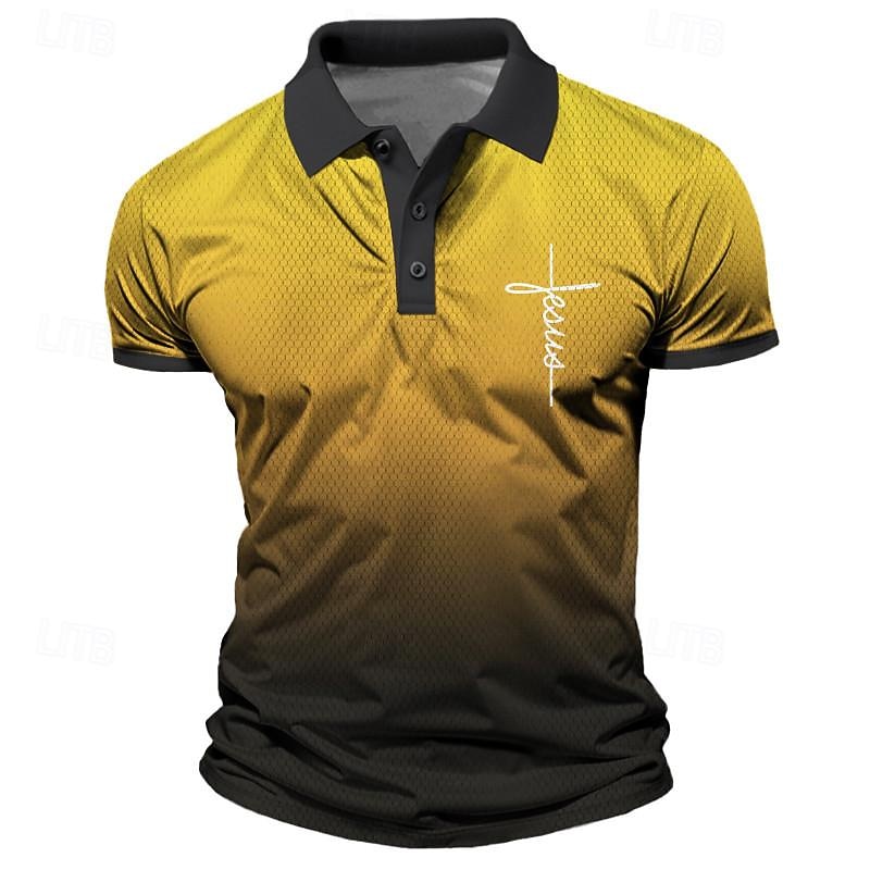 Faith Men's Fashion Casual 3D Print Polo Shirt Sports & Outdoor Vacation Streetwear Polyester Short Sleeve Turndown Polo Shirts Yellow Blue Summer S M L Micro-elastic Lapel Polo4