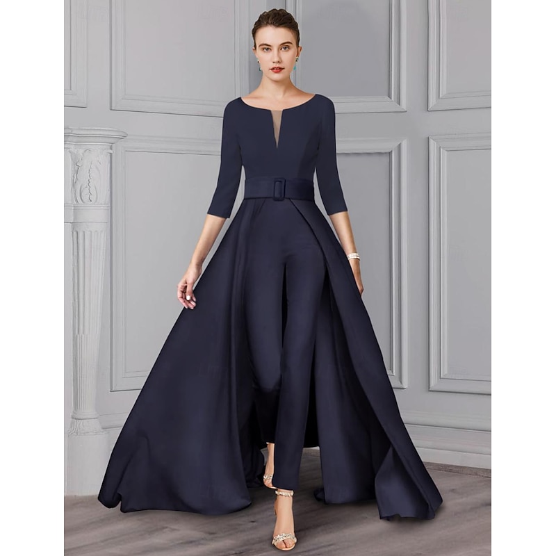 Jumpsuit Mother of the Bride Formal Wedding Guest Elegant detachable V Neck Floor Length Satin 3/4 Length Sleeve with Sash / Ribbon