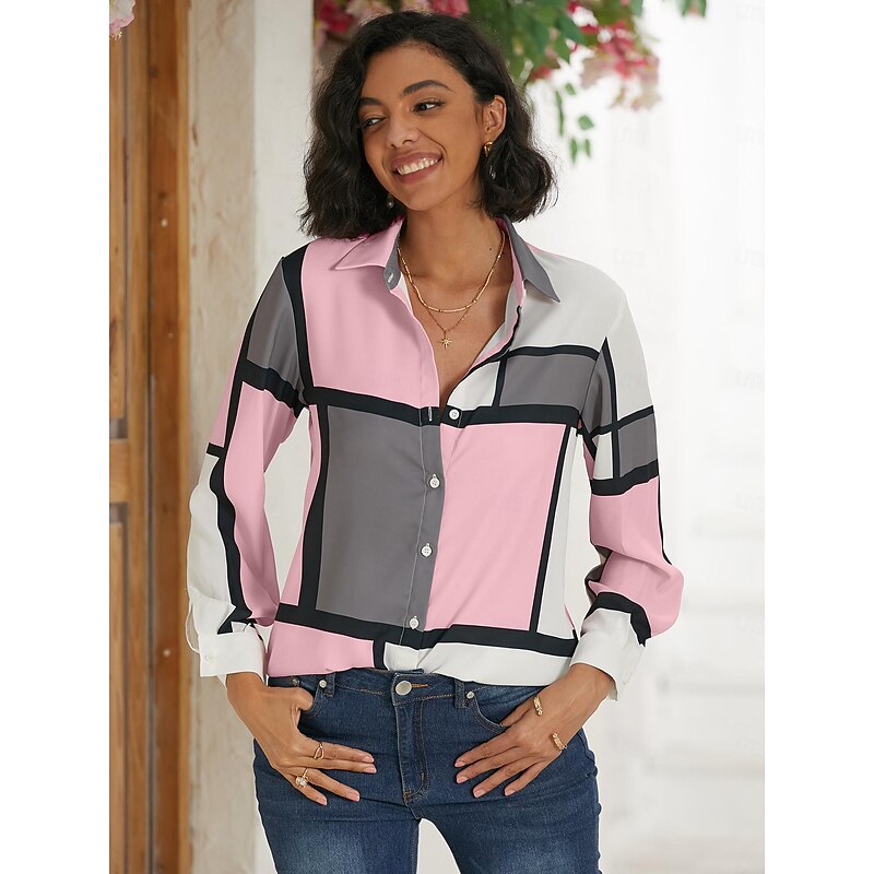 Women's Shirt Button Down Tunic Shirt Collar Long Sleeve Fashion Plaid s Print Regular Tops Casual Pink Purple Spring & Fall4