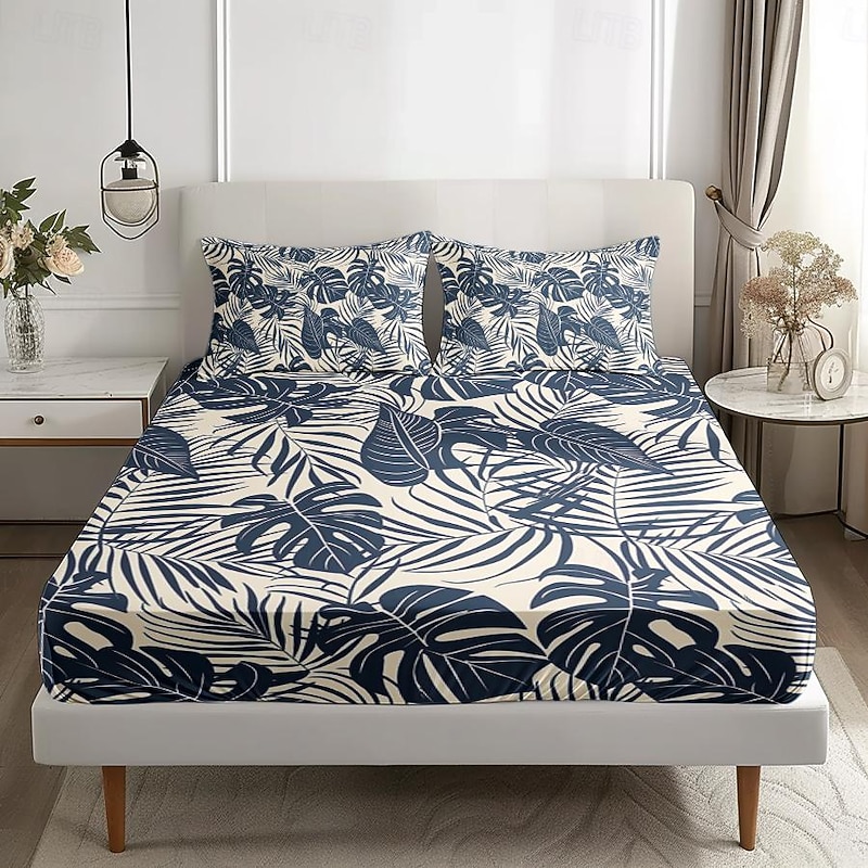 Leaves Spring Pattern Fitted Sheet Set 100% Cotton Ultra Soft Breathable Silky Bed Sheets Deep Pocket Bedding Sheets 3 Piece Queen King Size2