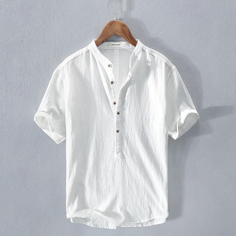 Men's Shirt Linen Shirt Cotton Linen Shirt White Cotton Shirt Chinese Collar Shirt Mandarin Collar Shirt Plain Vacation Street White Royal Blue Gray Light Blue Short Sleeve Stand Collar Summer
