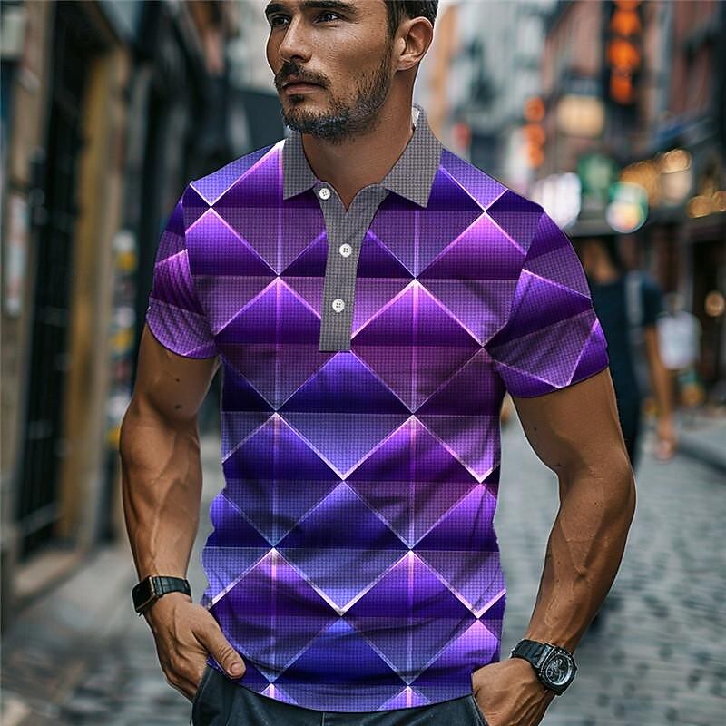 Men's Graphic Golf Shirt Short Sleeve Polo Shirts Collared Shirts Casual Beach Wear Vacation Wear Party Outfits Buttons 3D Print Summer Purple Green