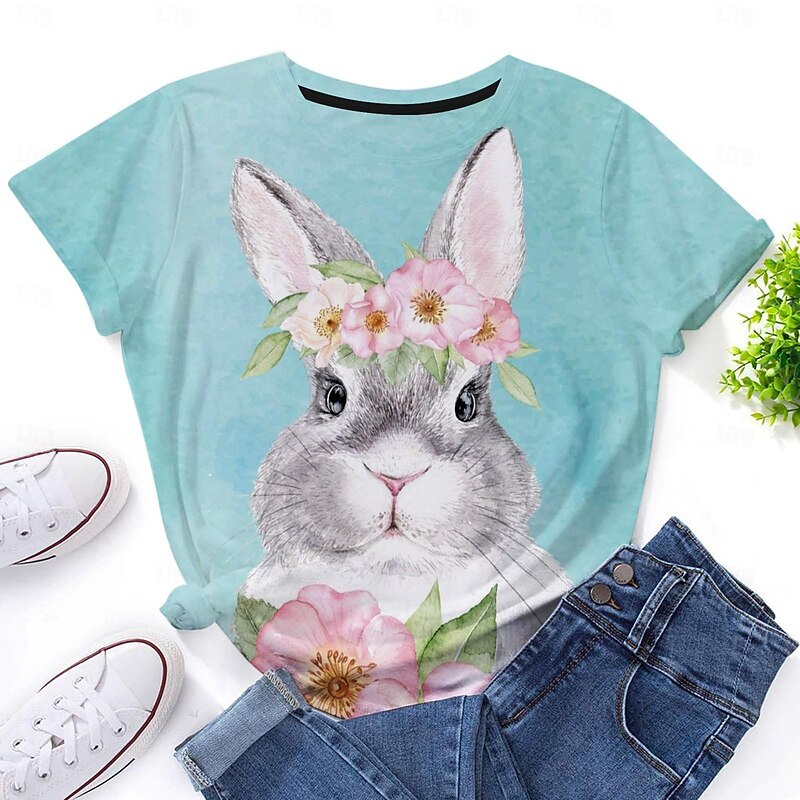 Women's Bunny Rose Crown T-shirt Blue Floral Crew Neck Stretch Casual Everyday Spring Summer Wear Multiple Sizes 6