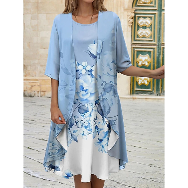Women's Dress Set Casual Dress Print Dress Fashion Modern Floral Print Midi Dress Half Sleeve Crew Neck Outdoor Date Pink Blue Purple Summer Regular Fit2