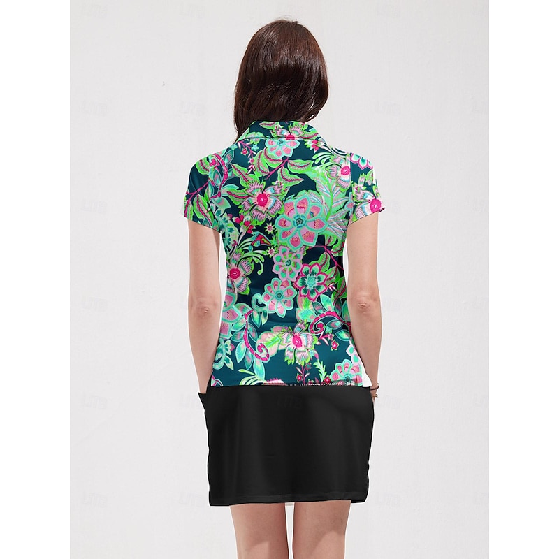 Women's Golf Polo Shirt Floral Green Sun Protection UPF50 Top For Ladies Golf Attire2