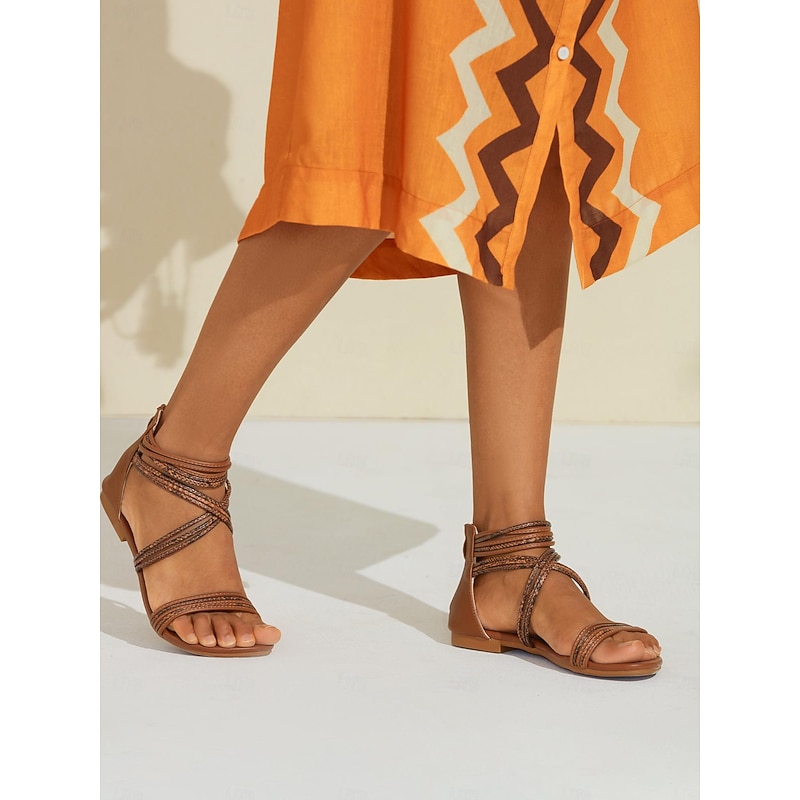 Women's Boho Beach Braided Strap Flat Sandals in Tan | Stylish Summer Comfort Footwear3