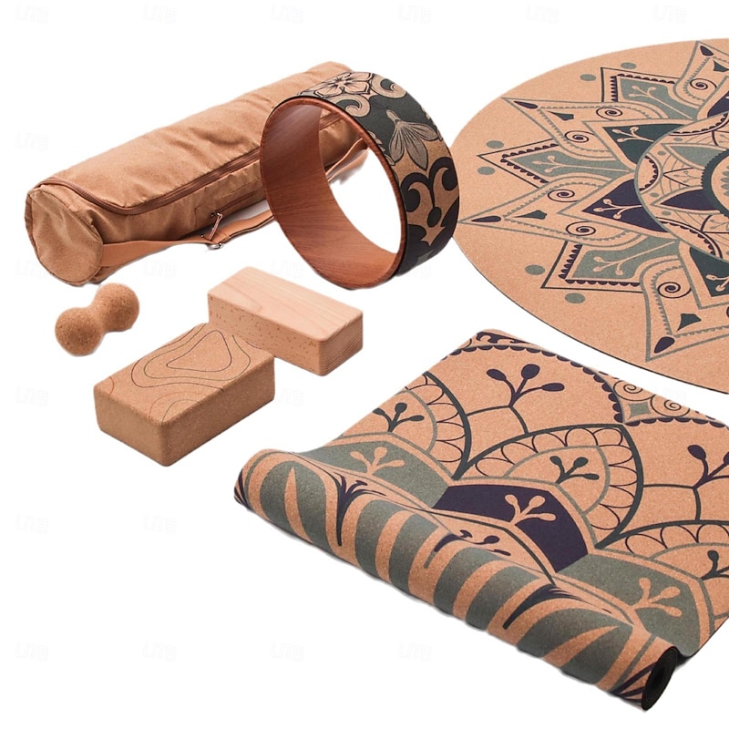Natural Rubber Cork Yoga Mat Set With Open Shoulder And Back Auxiliary Tool Yoga Wheel Cork Fascia Ball Yoga Brick2
