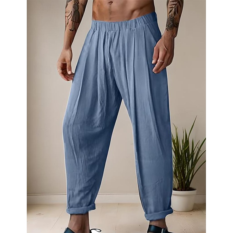 Men's Linen Pants Trousers Summer Pants Elastic Waist Straight Leg Solid Color Comfort Breathable Full Length Yoga Holiday Fashion Streetwear Blue Orange Inelastic