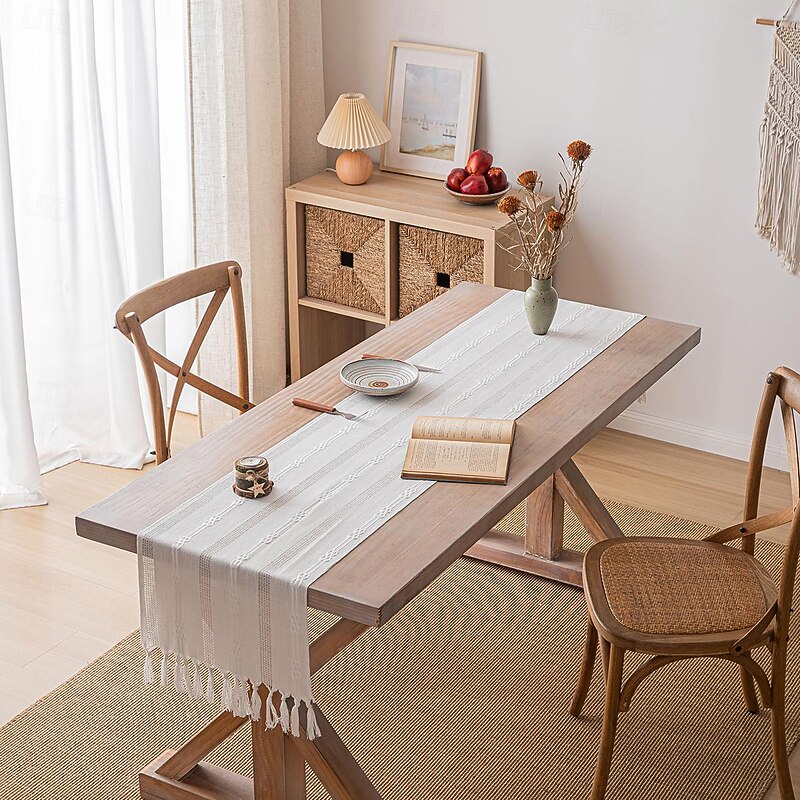 Boho Table Runner for Home Decor 72 Inches Long Farmhouse Rustic Table Runner Cream & Brown Macrame Table Runner with Tassels for Dining Living Room Bedroom Decor Bridal Shower