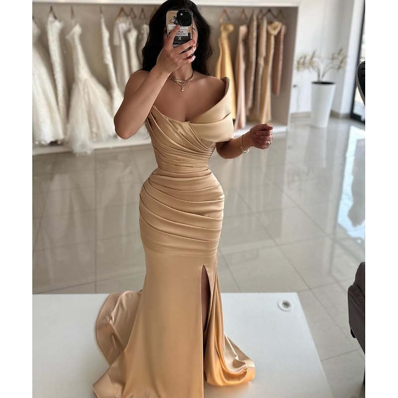Mermaid Prom Dresses Elegant Dress Formal Prom Floor Length Sleeveless Off Shoulder Satin with Ruched Slit Masquerade Dress2