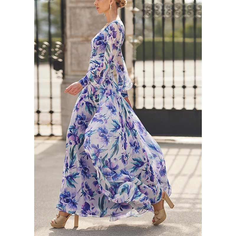 Beach Wedding A-Line Mother of the Bride Dress Formal Wedding Guest Elegant Vintage V Neck Ankle Length Chiffon  Long Sleeve with Ruched Flower Wedding Guest Dress2