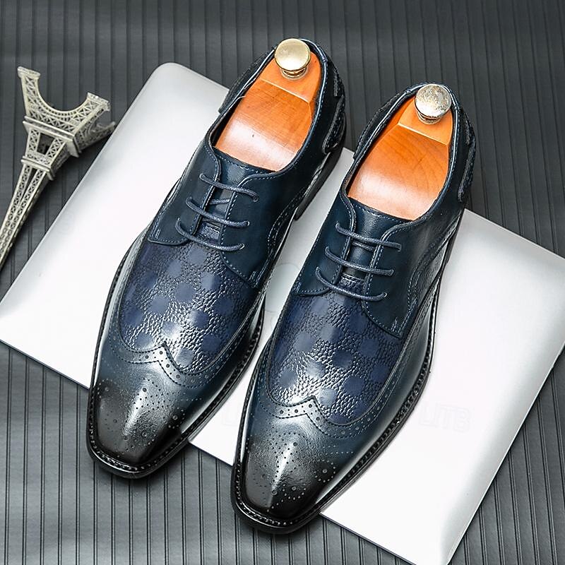 Men's Blue Derby Shoes - Faux Leather & Suede Brogue Design with Embossed Details, Stylish Casual & Formal Footwear for Men, Ideal for Office, Events & Everyday Wear4
