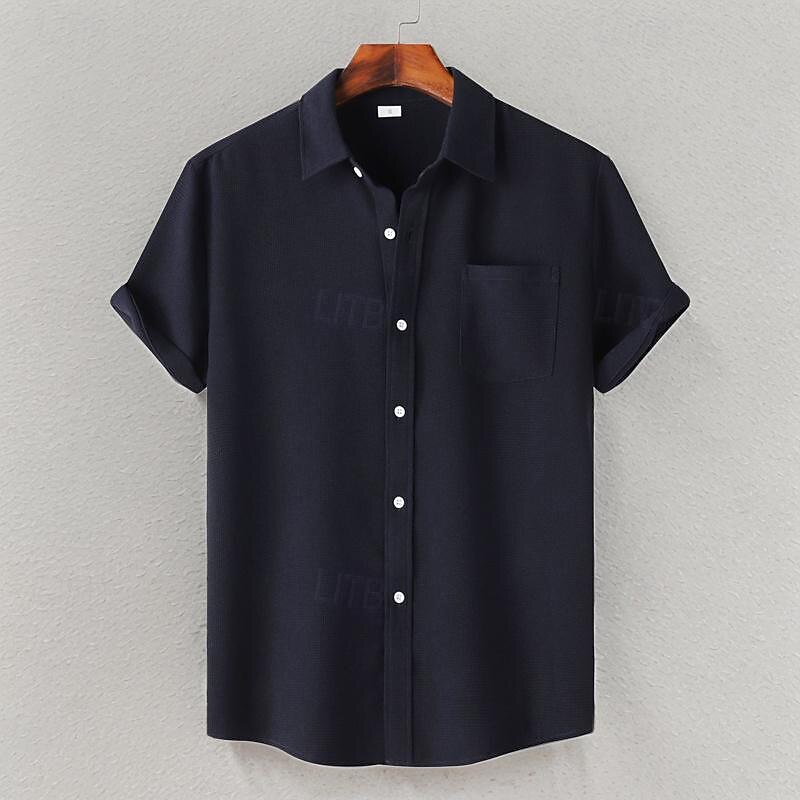 Men's Shirt Summer Shirt Casual Shirt Beach Shirt Button Up Shirt White Light Green Navy Blue Blue Purple Short Sleeve Plain Lapel Vacation Hawaiian Pocket Clothing Apparel Polyester Fashion Casual
